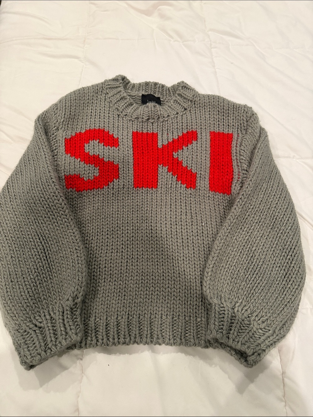 NWT Grey Knit 'SKI' Crewneck Sweater with Red Lettering
